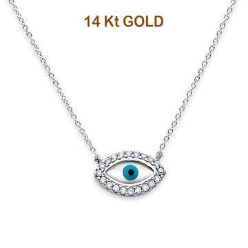 14K White Gold CZ Evil Eye Necklace 17 + 1 Inches Extension
